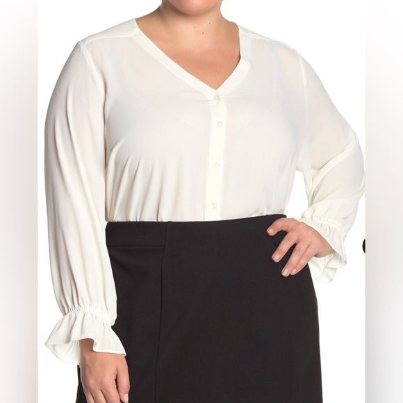 T Tahari Button Down Ruffle Cuff Chiffon Blouse Ivory Size 2X NWT sheer whimsy - Picture 1 of 8